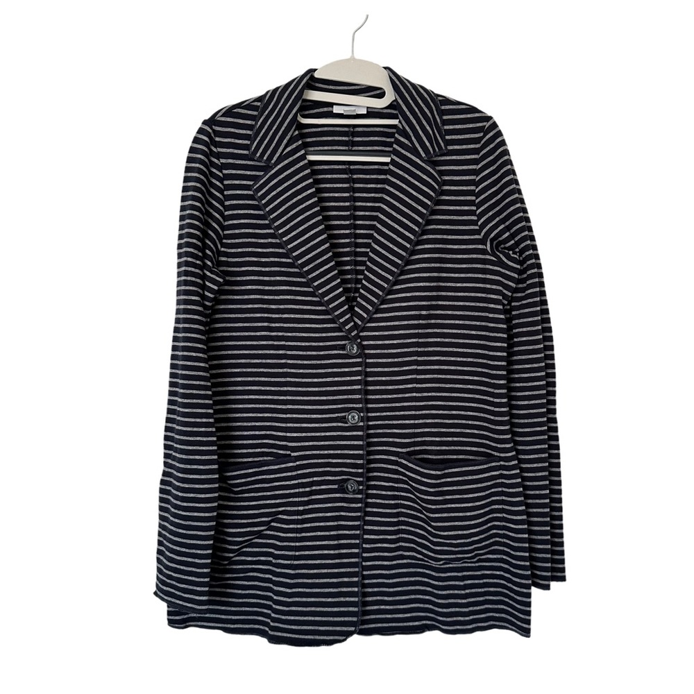 Women's J. Jill Blazer Jacket Navy Blue Gray Stripe Double Knit Button Up Size S